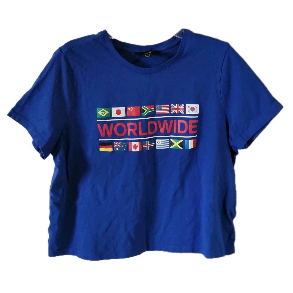 Forever 21 T-Shirt Womens 0X Blue Worldwide Spell Out Cropped Novelty Tee Shirt